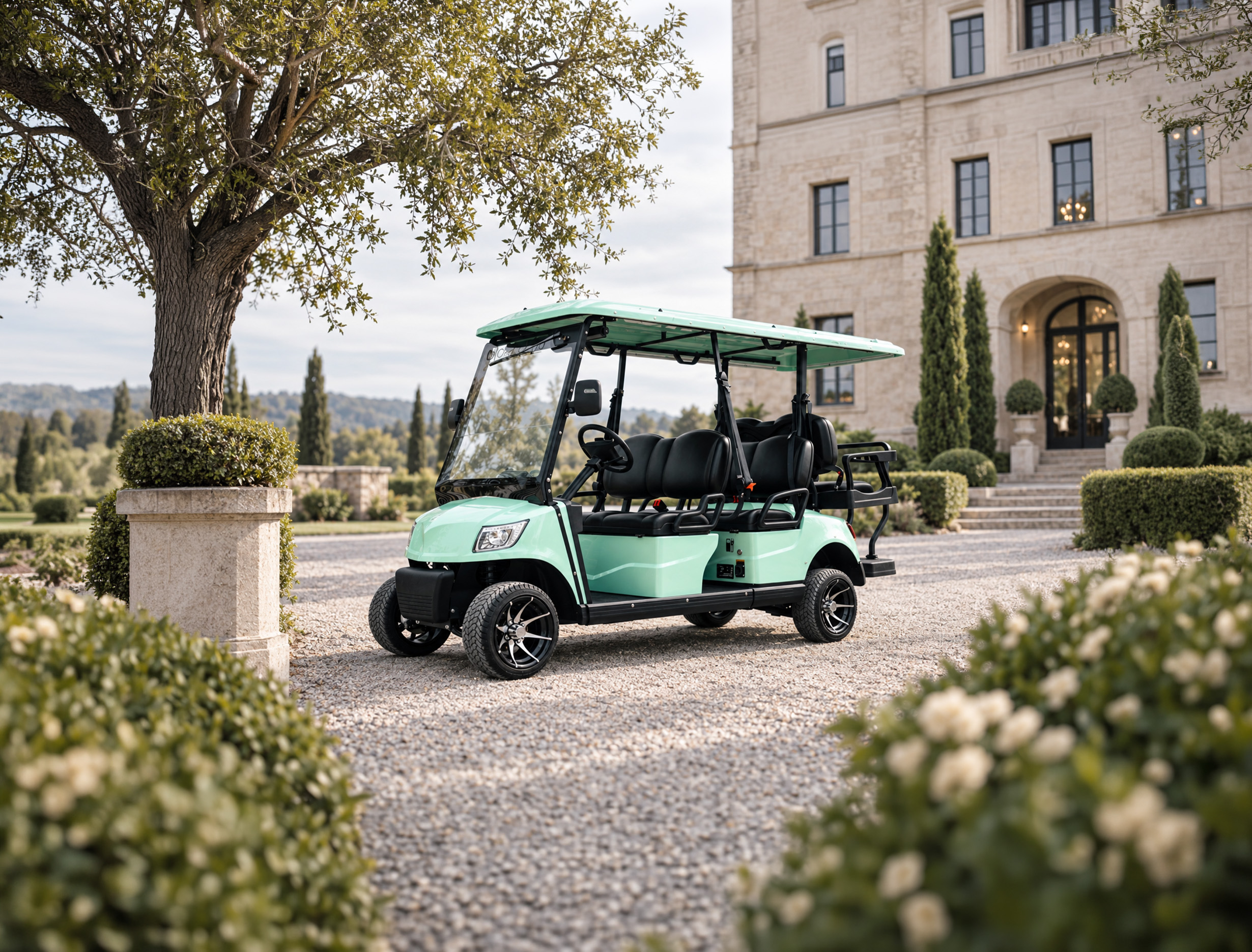 Turquoise Birdie Cruize 6 electric golf cart in front of a castle entrance
